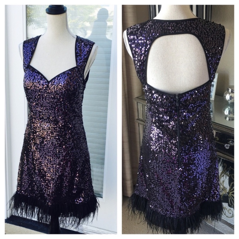 Guess purple sequin faux feather trim dress.